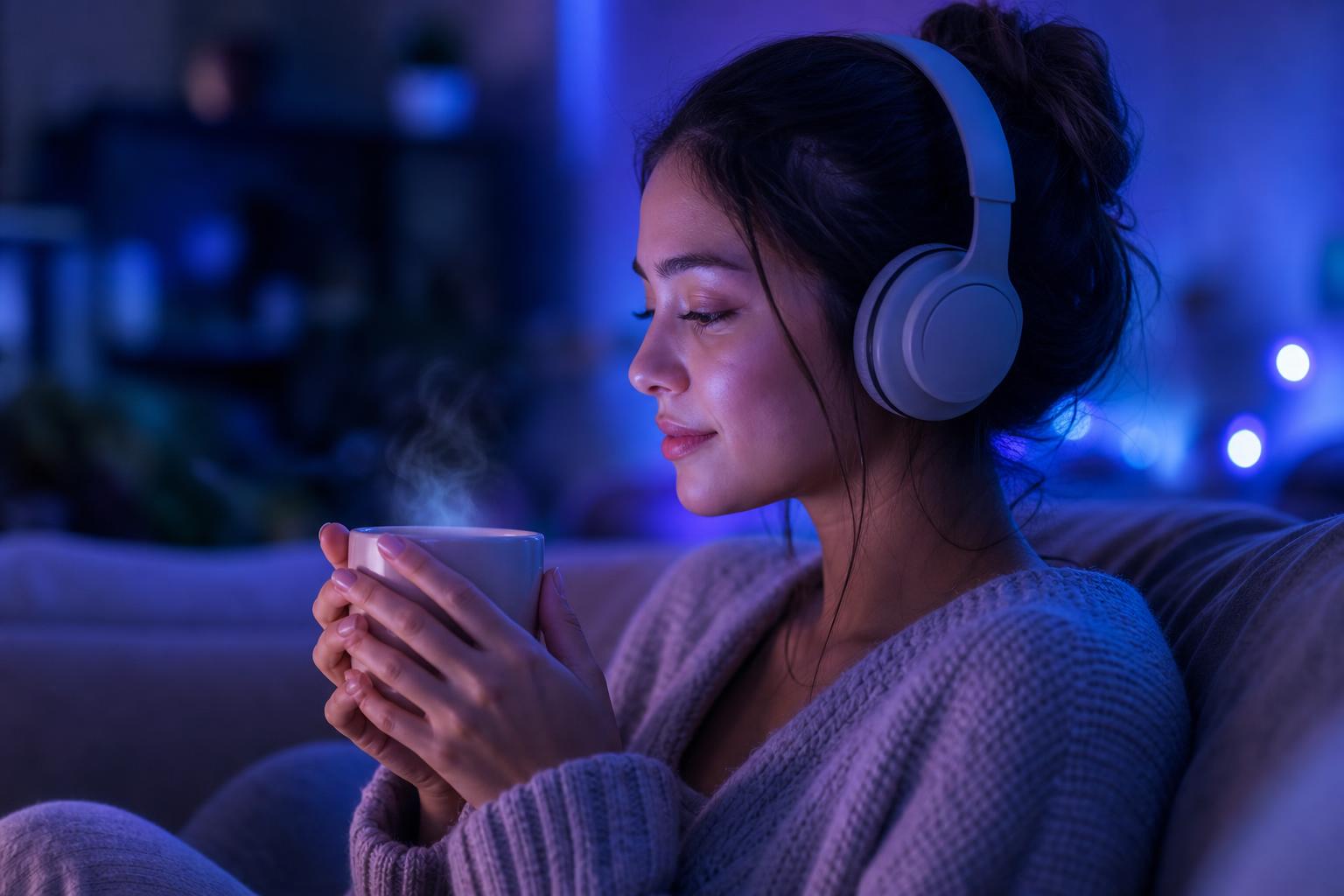 Frau auf dem Sofa mit Kopfhörern, bläulich-violettes Ambientelicht